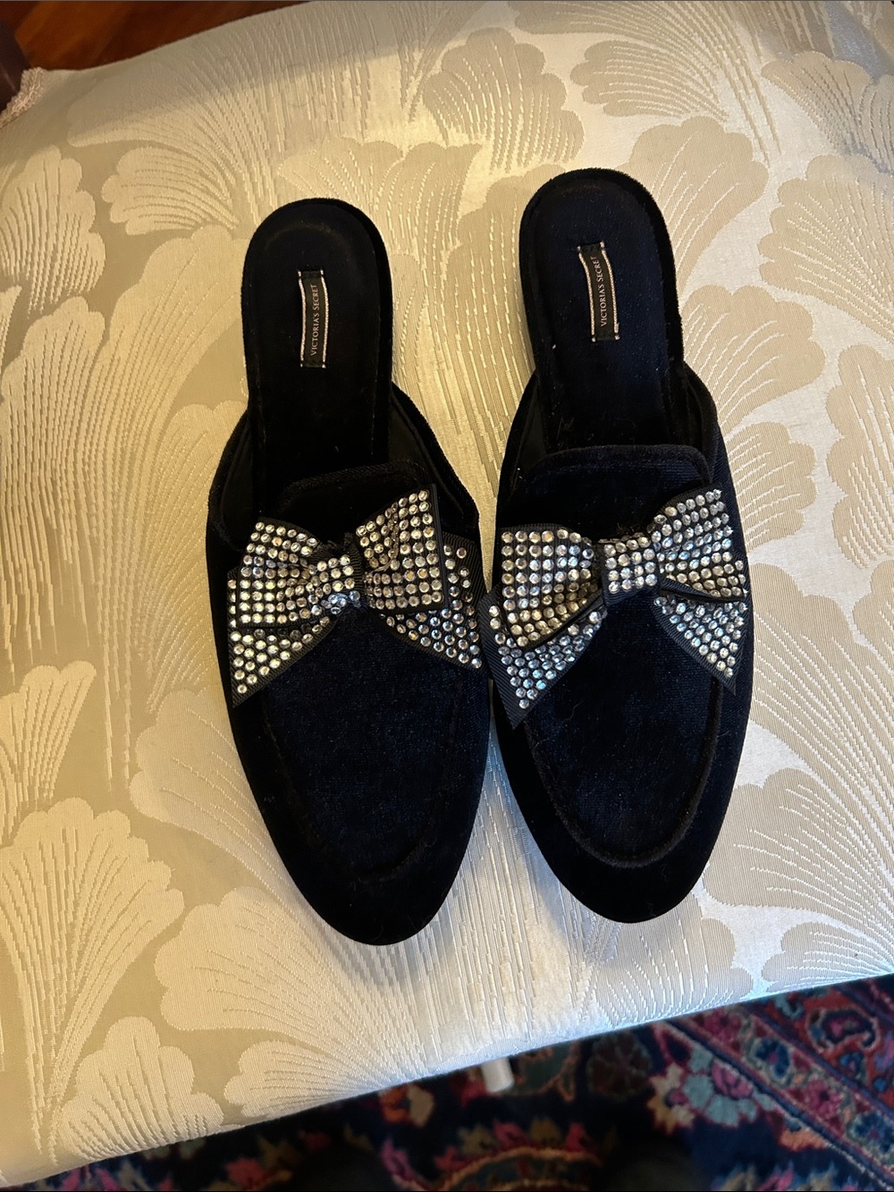 Victoria's Secret Black Velvet Slip-On Loafers with Crystal Bow Accents